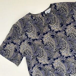 Vintage 100% Silk Paisley Blouse Blue & Pale Yellow Short Sleeved Shirt Top Tee